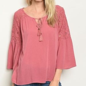 Pink Boho Wide 3/4 Sleeve Lace Shoulder Shirt